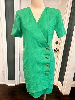 Vintage TERI JON Green Short-Sleeve Wrap Dress with Gold Buttons